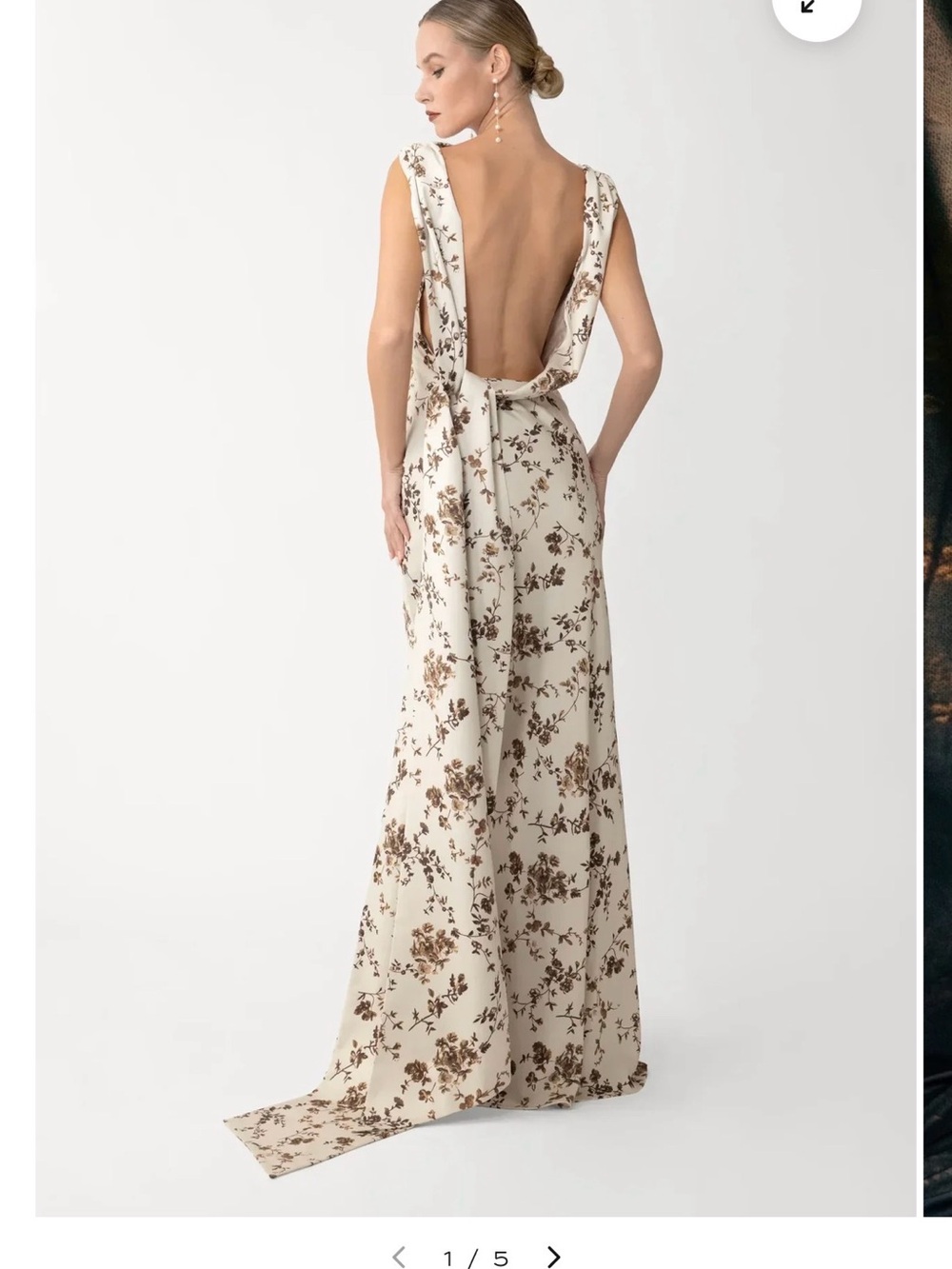 Open-Back Floral Maxi Dress in Cream and Brown